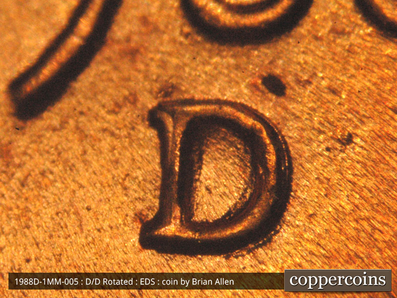 Die-stage B marker on 1988D•1MM•012 (1988 Repunched Mint Mark).