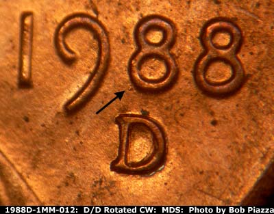 1988 Lincoln cent obverse, CopperCoins die 1988D•1MM•012.