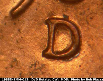 Die-stage B marker on 1988D•1MM•012 (1988 Repunched Mint Mark).