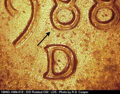Die-stage C marker on 1988D•1MM•012 (1988 Repunched Mint Mark).
