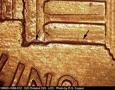 Die-stage C marker on 1988D•1MM•012 (1988 Repunched Mint Mark).