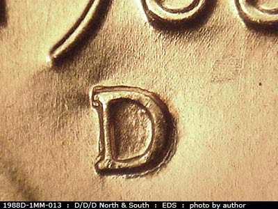Die-stage A marker on 1988D•1MM•013 (1988 Repunched Mint Mark).