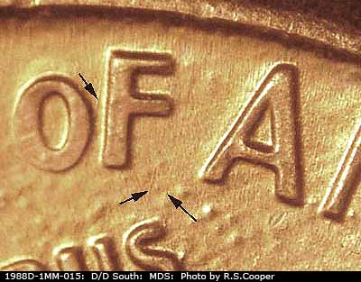 Die-stage B marker on 1988D•1MM•015 (1988 Repunched Mint Mark).