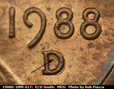 1988 Lincoln cent obverse, CopperCoins die 1988D•1MM•017.