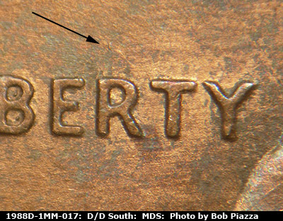 Die-stage B marker on 1988D•1MM•017 (1988 Repunched Mint Mark).