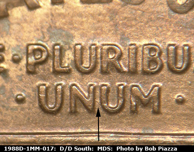 Die-stage B marker on 1988D•1MM•017 (1988 Repunched Mint Mark).