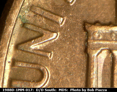 Die-stage B marker on 1988D•1MM•017 (1988 Repunched Mint Mark).