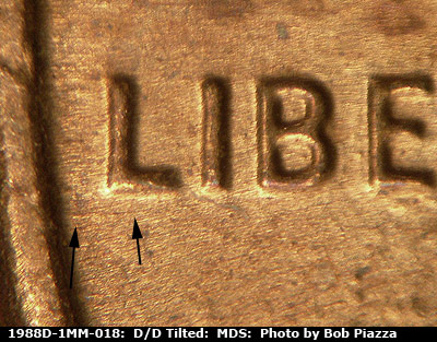 Die-stage B marker on 1988D•1MM•018 (1988 Repunched Mint Mark).