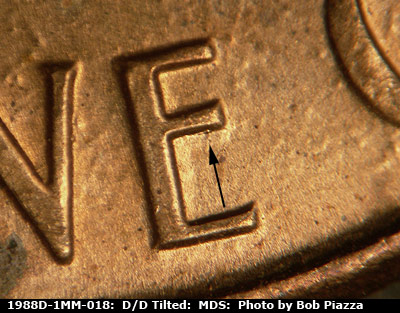 Die-stage B marker on 1988D•1MM•018 (1988 Repunched Mint Mark).