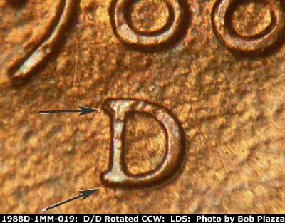 Die-stage C marker on 1988D•1MM•019 (1988 Repunched Mint Mark).