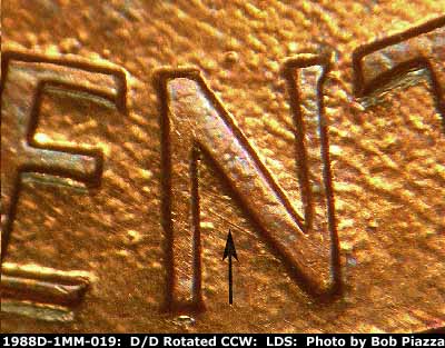 Die-stage C marker on 1988D•1MM•019 (1988 Repunched Mint Mark).