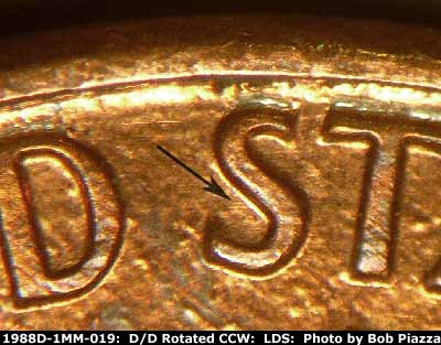 Die-stage C marker on 1988D•1MM•019 (1988 Repunched Mint Mark).