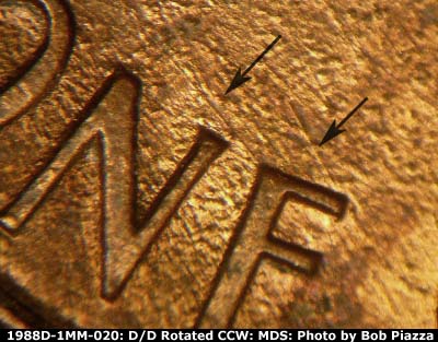 Die-stage B marker on 1988D•1MM•020 (1988 Repunched Mint Mark).
