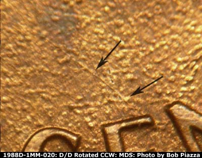 Die-stage B marker on 1988D•1MM•020 (1988 Repunched Mint Mark).