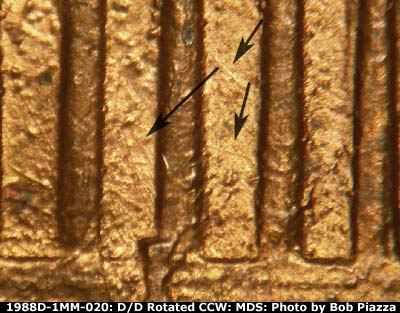 Die-stage B marker on 1988D•1MM•020 (1988 Repunched Mint Mark).