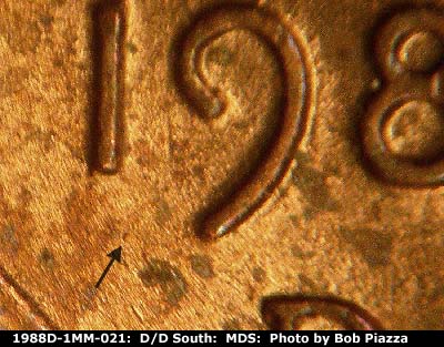Die-stage B marker on 1988D•1MM•021 (1988 Repunched Mint Mark).