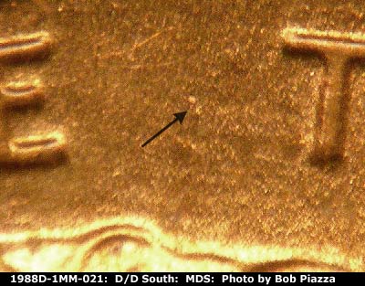 Die-stage B marker on 1988D•1MM•021 (1988 Repunched Mint Mark).