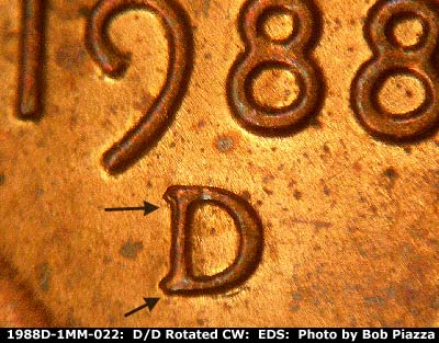 Die-stage A marker on 1988D•1MM•022 (1988 Repunched Mint Mark).