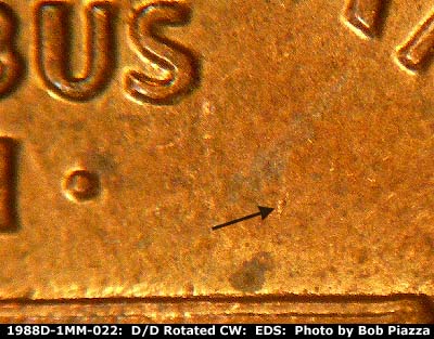 Die-stage A marker on 1988D•1MM•022 (1988 Repunched Mint Mark).