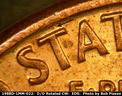Die-stage A marker on 1988D•1MM•022 (1988 Repunched Mint Mark).