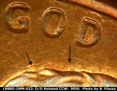Die-stage B marker on 1988D•1MM•023 (1988 Repunched Mint Mark).