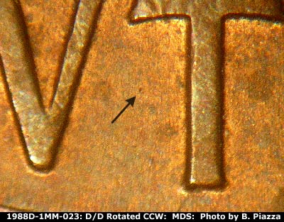 Die-stage B marker on 1988D•1MM•023 (1988 Repunched Mint Mark).
