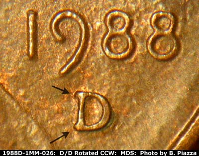 1988 Lincoln cent obverse, CopperCoins die 1988D•1MM•026.