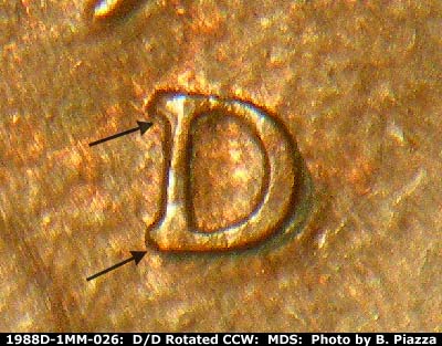 Die-stage B marker on 1988D•1MM•026 (1988 Repunched Mint Mark).