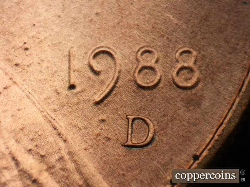 Die-stage B marker on 1988D•1MM•027 (1988 Repunched Mint Mark).