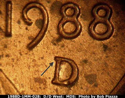 1988 Lincoln cent obverse, CopperCoins die 1988D•1MM•028.