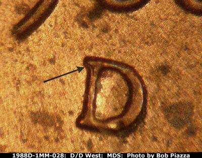 Die-stage B marker on 1988D•1MM•028 (1988 Repunched Mint Mark).