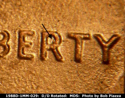 Die-stage B marker on 1988D•1MM•029 (1988 Repunched Mint Mark).