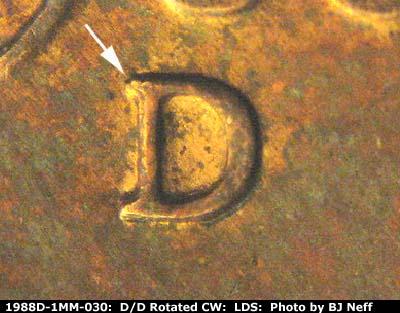 Die-stage C marker on 1988D•1MM•030 (1988 Repunched Mint Mark).