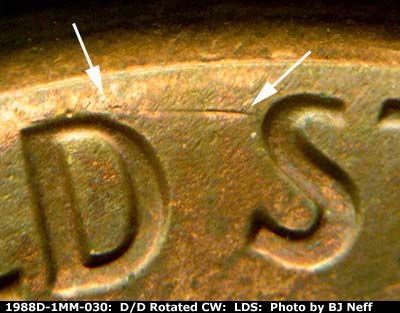 Die-stage C marker on 1988D•1MM•030 (1988 Repunched Mint Mark).