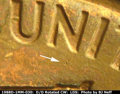 Die-stage C marker on 1988D•1MM•030 (1988 Repunched Mint Mark).