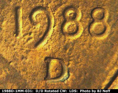 Die-stage C marker on 1988D•1MM•031 (1988 Repunched Mint Mark).