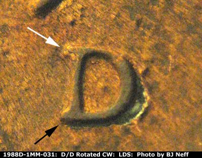 Die-stage C marker on 1988D•1MM•031 (1988 Repunched Mint Mark).