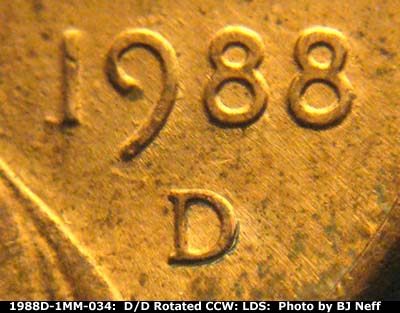 Die-stage C marker on 1988D•1MM•034 (1988 Repunched Mint Mark).