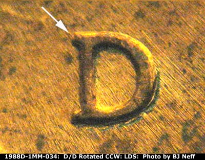 Die-stage C marker on 1988D•1MM•034 (1988 Repunched Mint Mark).