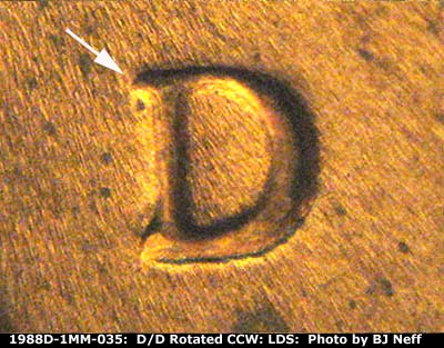 Die-stage C marker on 1988D•1MM•035 (1988 Repunched Mint Mark).