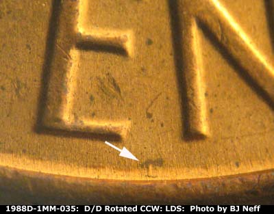 Die-stage C marker on 1988D•1MM•035 (1988 Repunched Mint Mark).