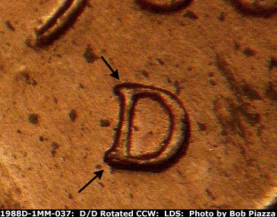 Die-stage C marker on 1988D•1MM•037 (1988 Repunched Mint Mark).