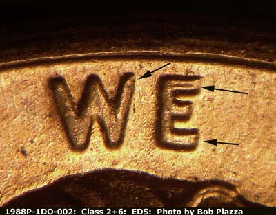 Die-stage A marker on 1988P•1DO•002 (1988 Doubled Die Obverse).