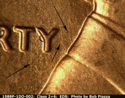 Die-stage A marker on 1988P•1DO•002 (1988 Doubled Die Obverse).