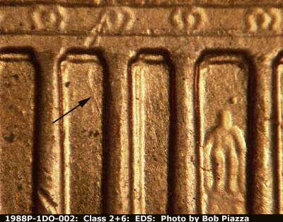 Die-stage A marker on 1988P•1DO•002 (1988 Doubled Die Obverse).