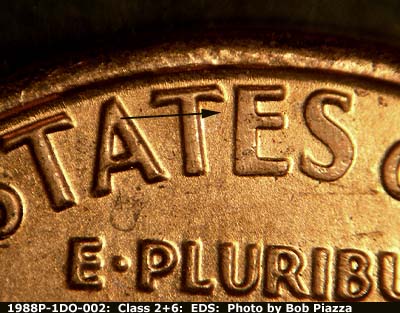 Die-stage A marker on 1988P•1DO•002 (1988 Doubled Die Obverse).