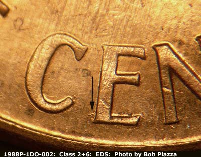 Die-stage A marker on 1988P•1DO•002 (1988 Doubled Die Obverse).