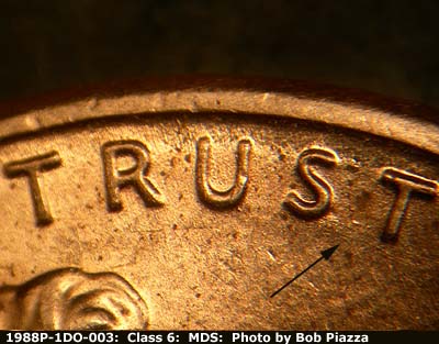 Die-stage B marker on 1988P•1DO•003 (1988 Doubled Die Obverse).