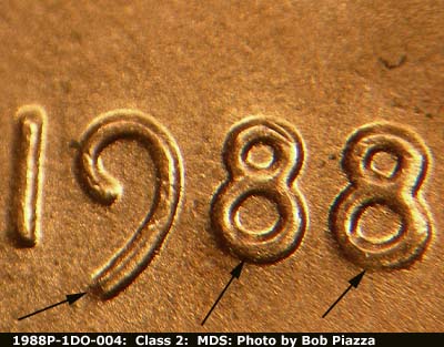 1988 Lincoln cent obverse, CopperCoins die 1988P•1DO•004.