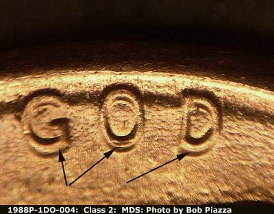 Die-stage B marker on 1988P•1DO•004 (1988 Doubled Die Obverse).